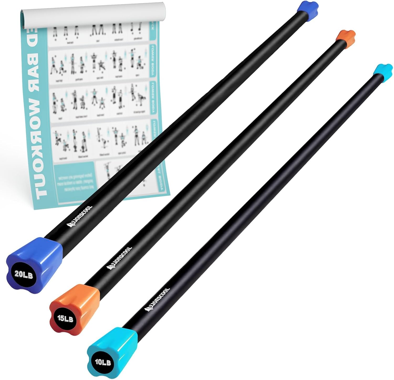 LIONSCOOL Workout Weighted Bar,Padded Exercise Weight Bar, Solid Steel Stretching weighted bar set for Body Sculpting, Physical Therapy,Body Toning(10+15+20LB)