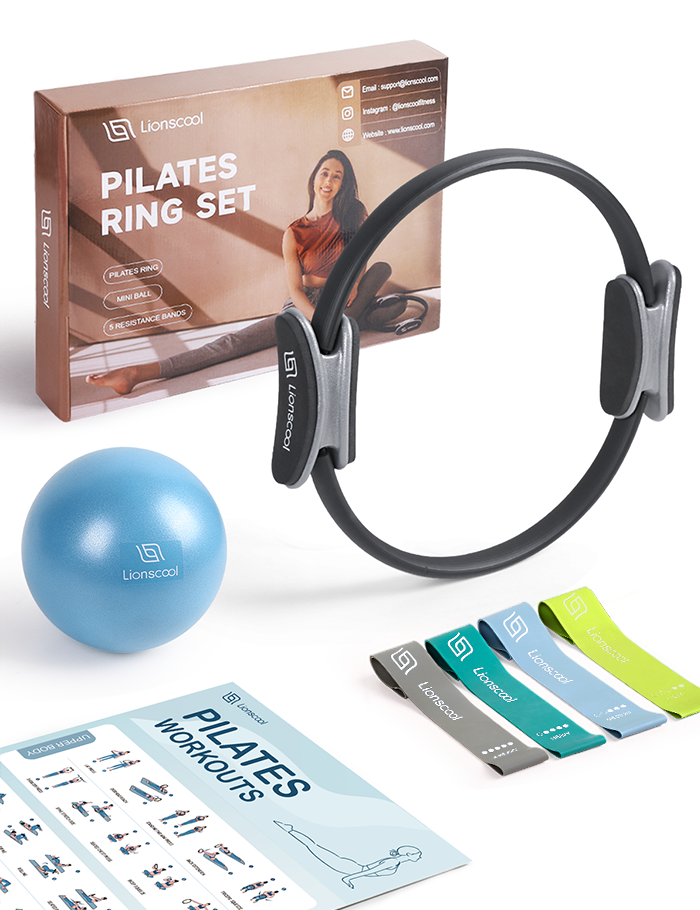 LIONSCOOL Pilates Ring Set - Premium Anti-Deformation 14”Magic Circle with Dual Padded Handles - Includes Burst Resistant Pilates Mini Ball & Highly Elastic Resistance Bands & Workout Guide & Bag