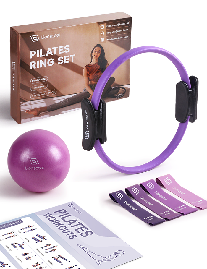 LIONSCOOL PILATES RING SET - Premium Anti-Deformation 14”Magic Circle with  Dual Padded Handles - Includes Burst Resistant Pilates Mini Ball & Highly