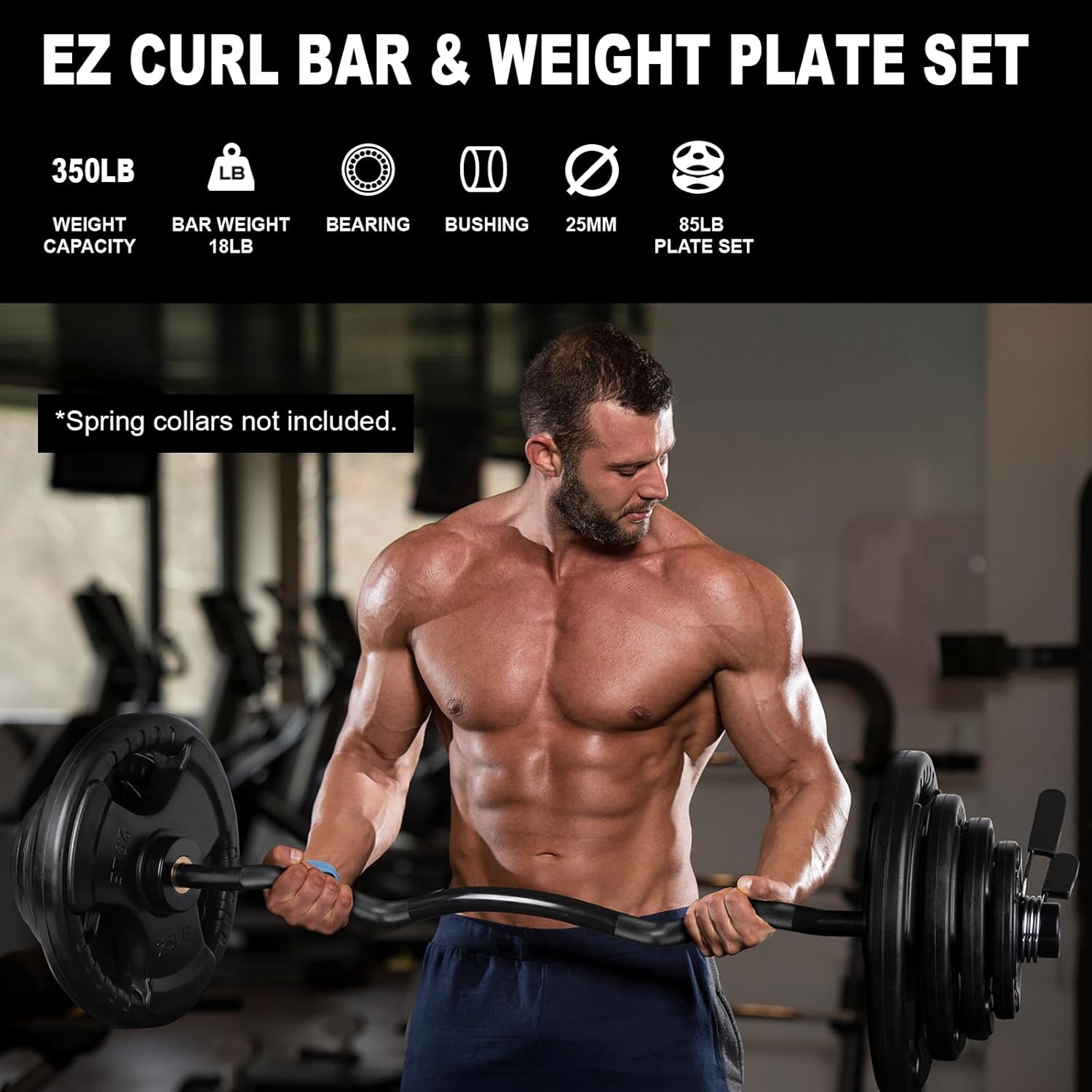 LIONSCOOL Curl bar for Strength Training and Olympic Weightlifting, 2 Inch Bar for Squats, Curls, Deadlifts, Presses, Hip Thrusts, 350LBS Weight Capacity Available(EZ Bar+85LB grip weight plates)