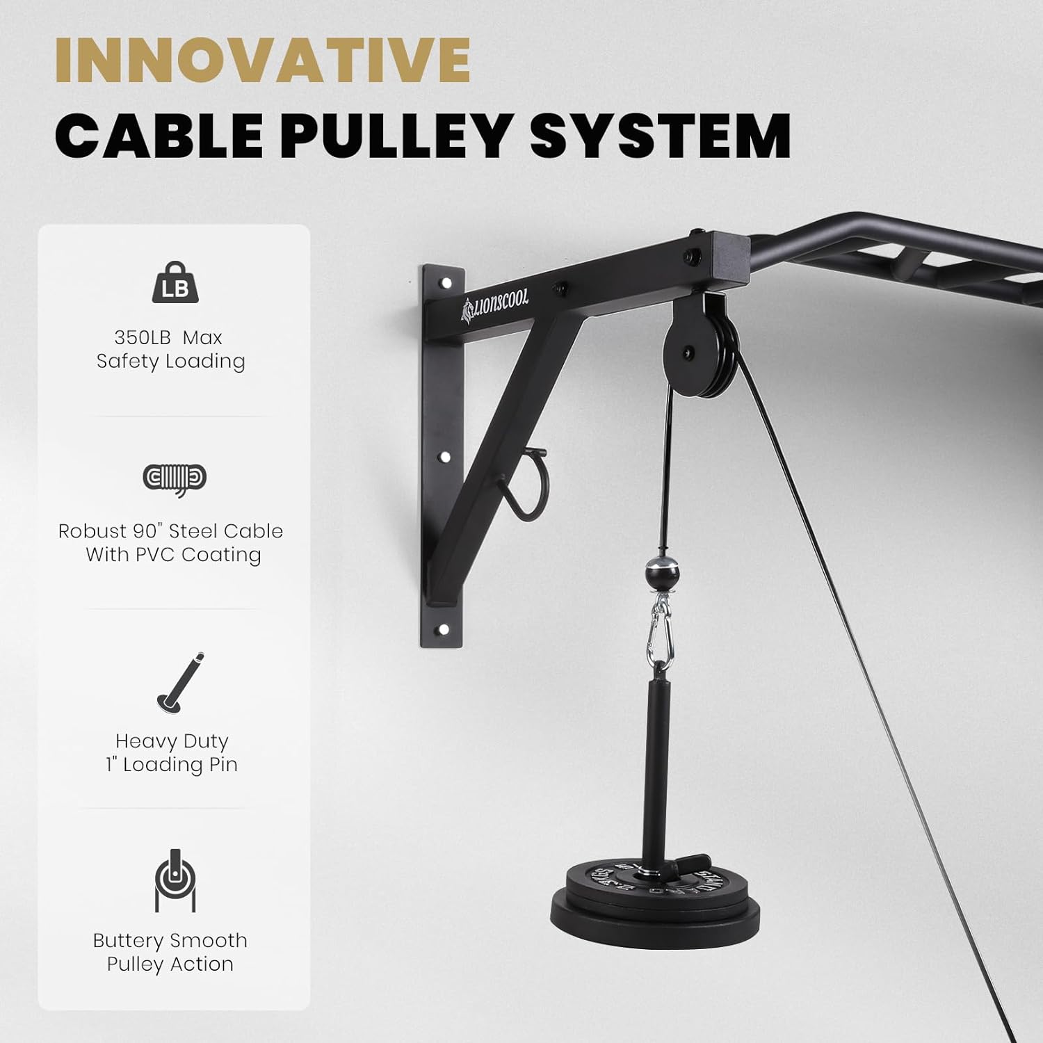 LIONSCOOL Multifunctional Wall Mounted Pull Up Bar with Pulley System, 48" and 16"/24" Multi-Grip Chin Up Bar, Cable Pulley Attachments Included, Perfect for Upper Body Workouts