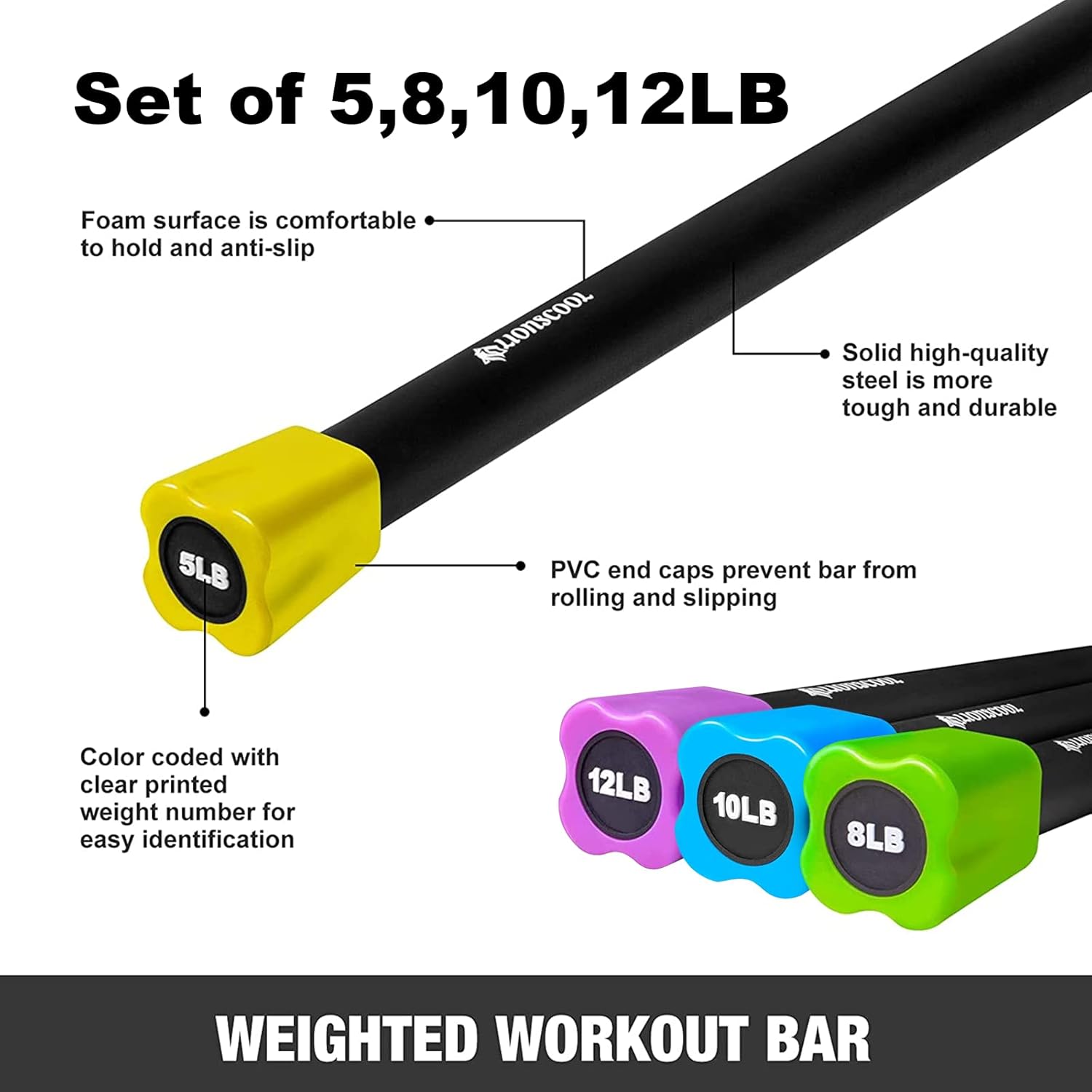 LIONSCOOL Workout Weighted Bar,Padded Exercise Weight Bar, Solid Steel Stretching weighted bar set for Body Sculpting, Physical Therapy,Body Toning(5+8+10+12LB)