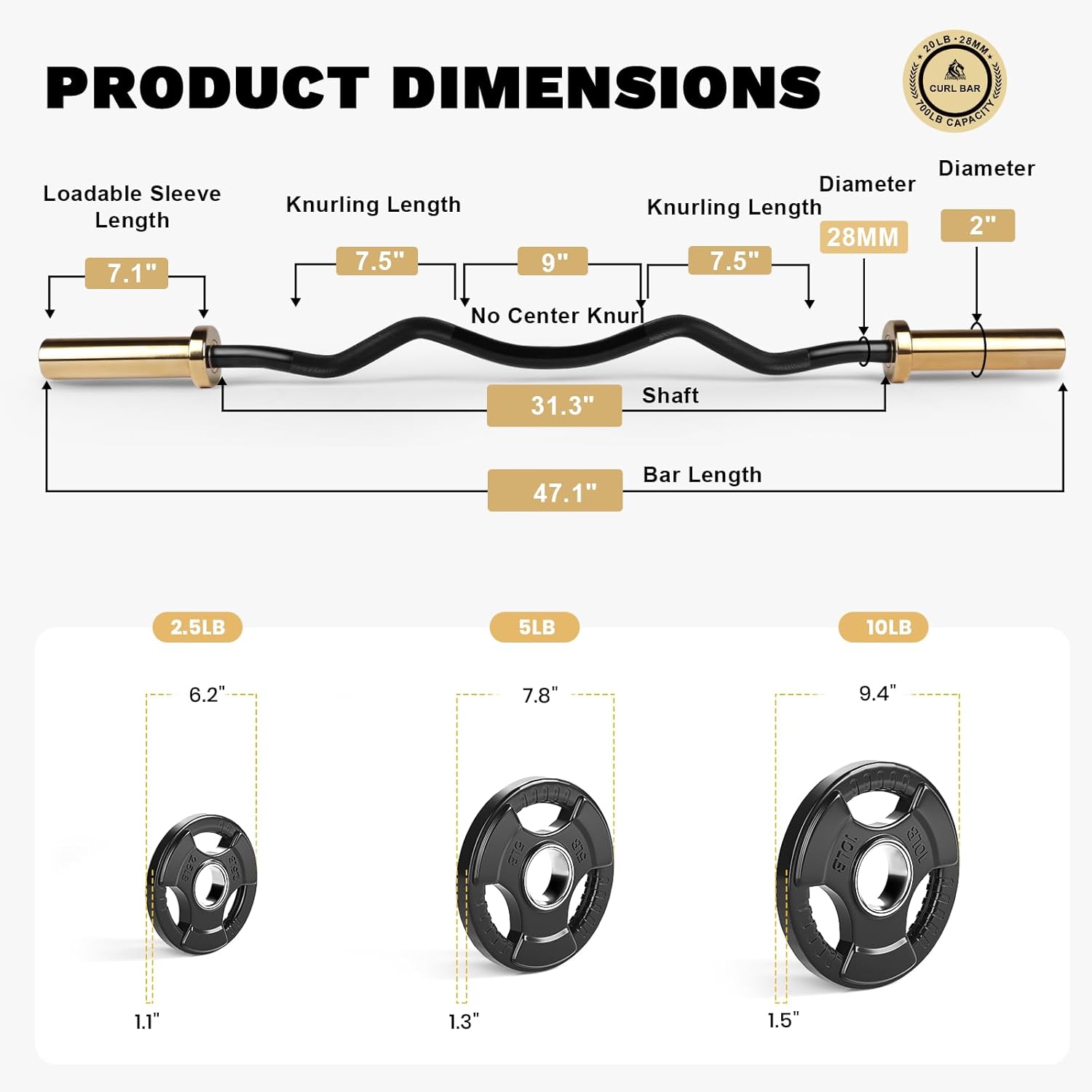 LIONSCOOL Premium 4ft Barbell for Strength Training and Olympic Weightlifting, 2 Inch Bar for Squats, Curls, Deadlifts, Presses, Hip Thrusts, 350LBS Weight Capacity Available(CURL BAR+35LB GRIP PLATE SET)