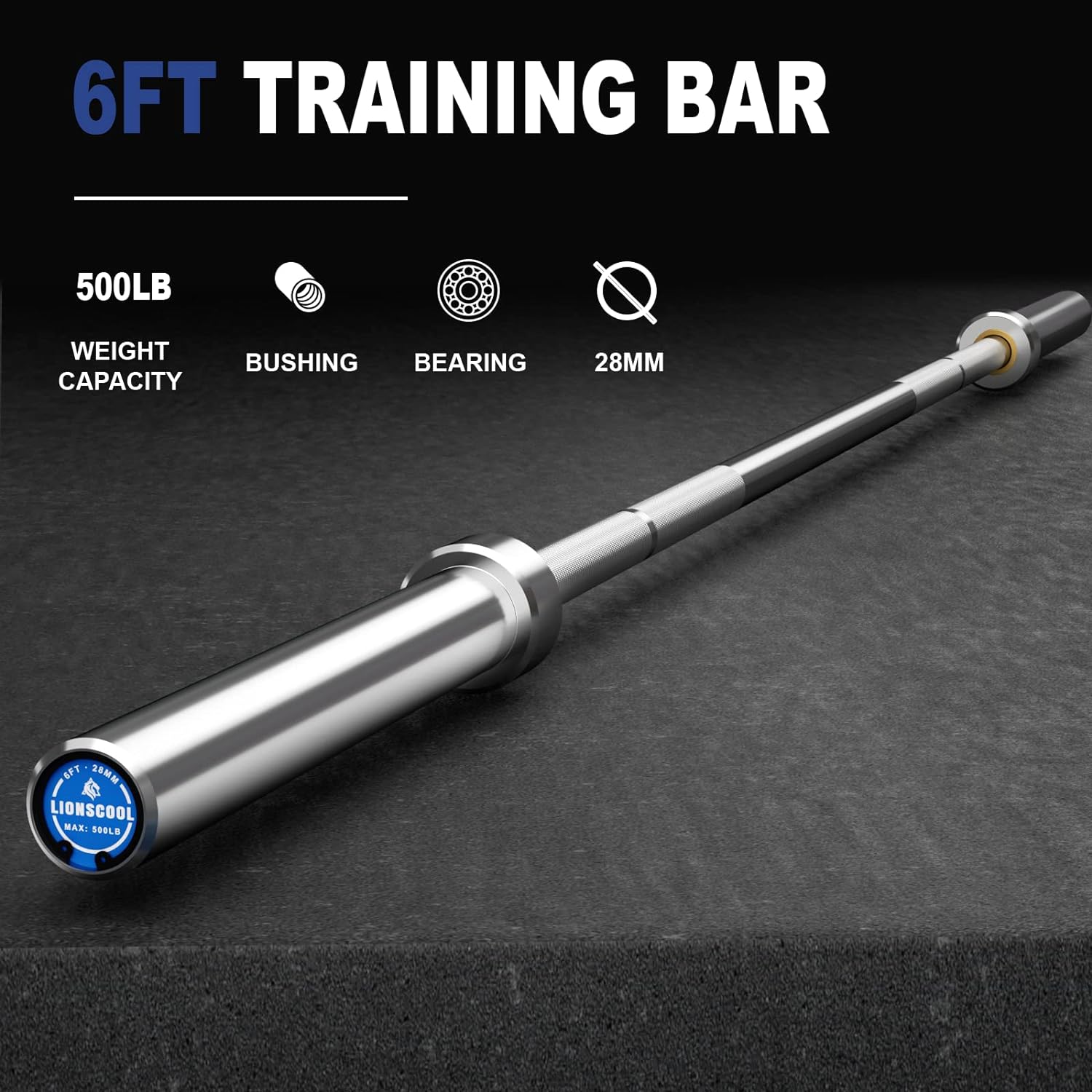 LIONSCOOL Premium 6ft Barbell for Strength Training and Olympic Weightlifting, 2 Inch Bar for Squats, Curls, Deadlifts, Presses, Hip Thrusts, 700LBS Weight Capacity Available