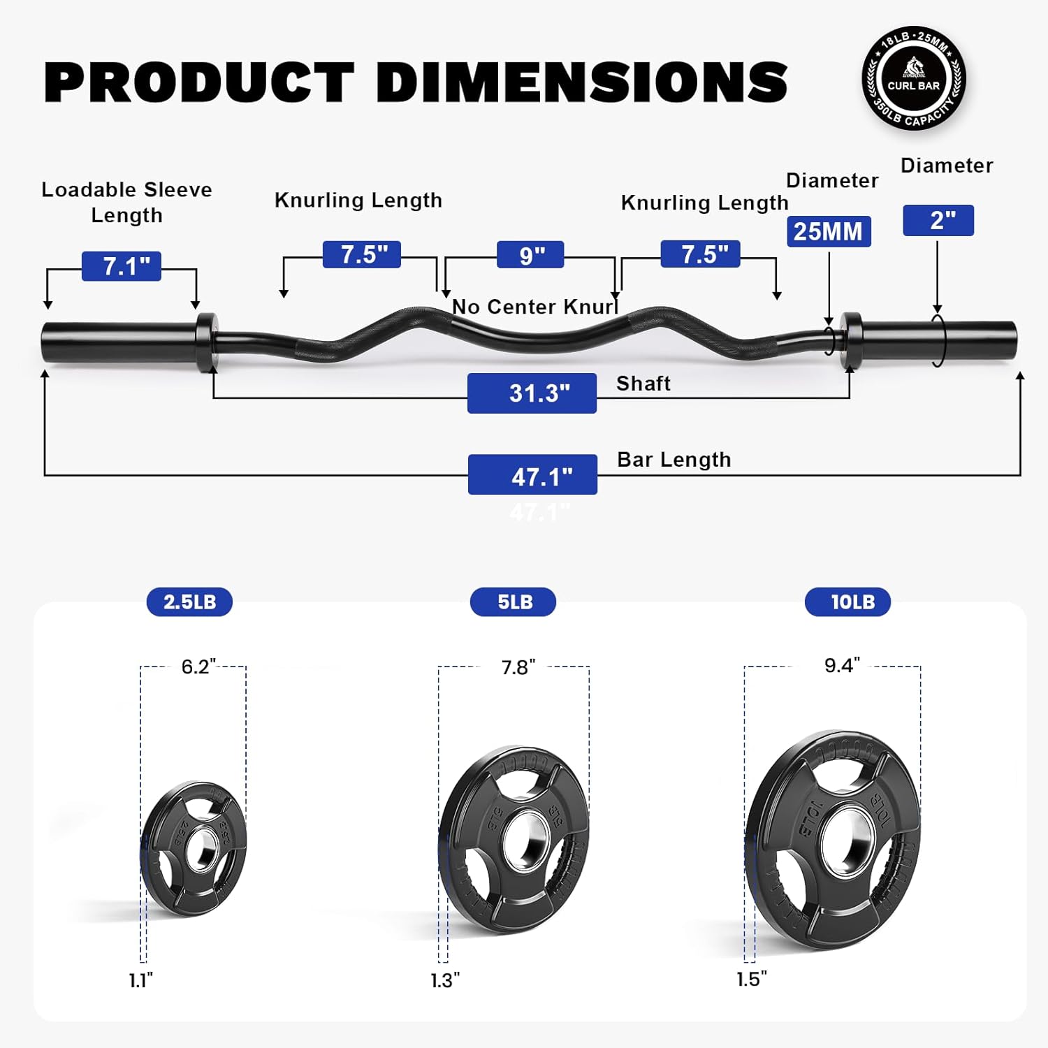 LIONSCOOL Premium 4ft Barbell for Strength Training and Olympic Weightlifting, 2 Inch Bar for Squats, Curls, Deadlifts, Presses, Hip Thrusts, 350LBS Weight Capacity Available(CURL BAR+35LB GRIP PLATE SET)